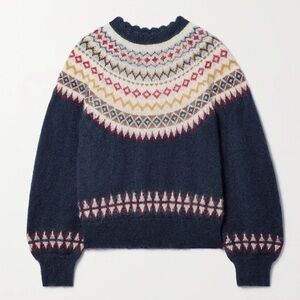 NWT Doen Harvest Mohair Wool Cashmere Knit Print Sweater Top Navy Oslo Fair Isle